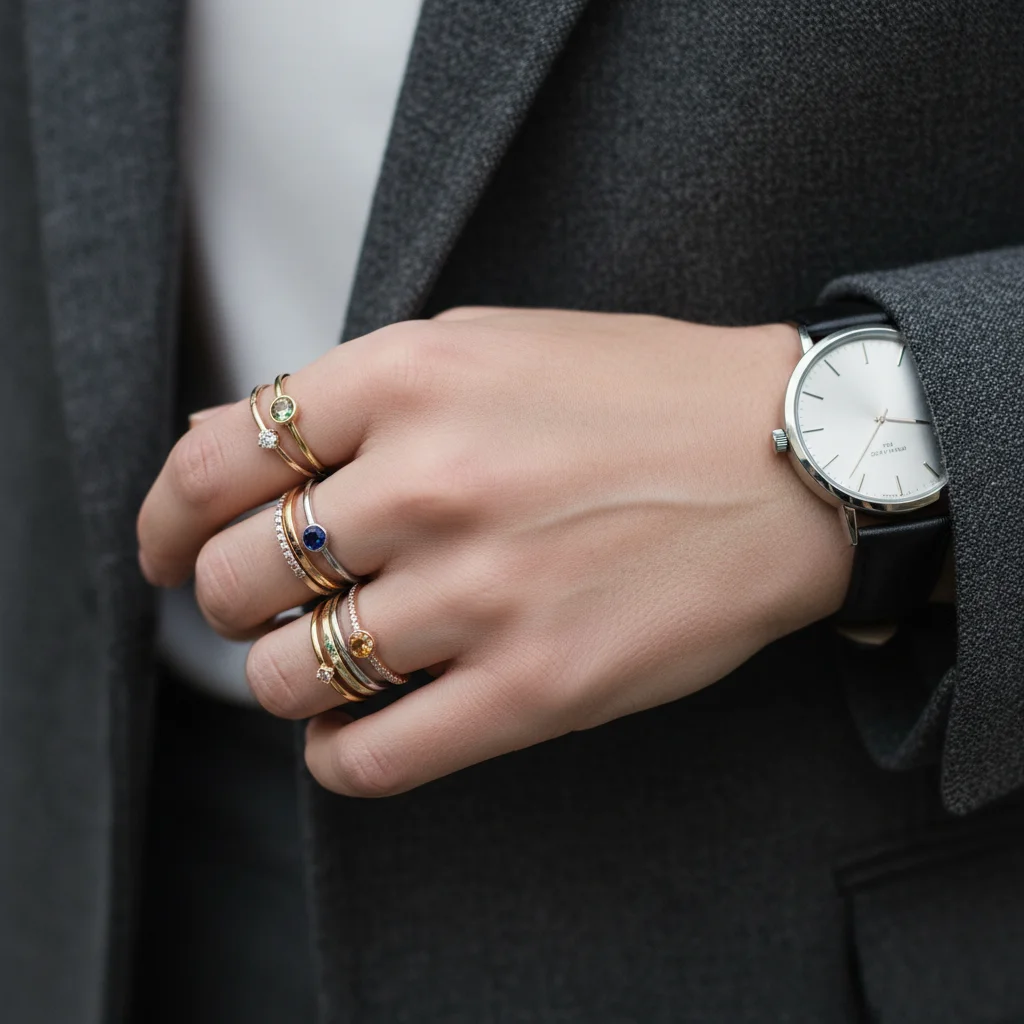 Anillos delicados y reloj moderno, accesorios minimalistas