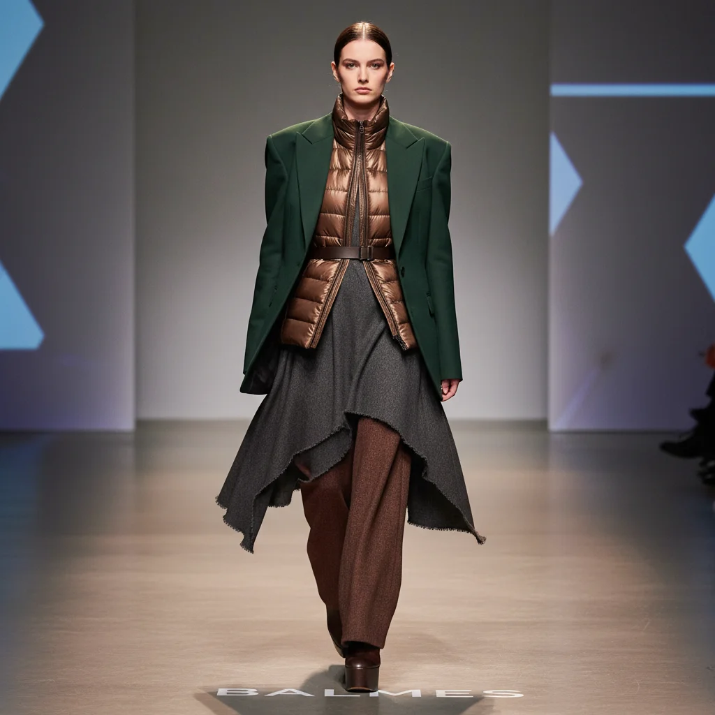 Modelo luciendo un conjunto completo de la colección otoño/invierno 2026 de un reconocido diseñador español.