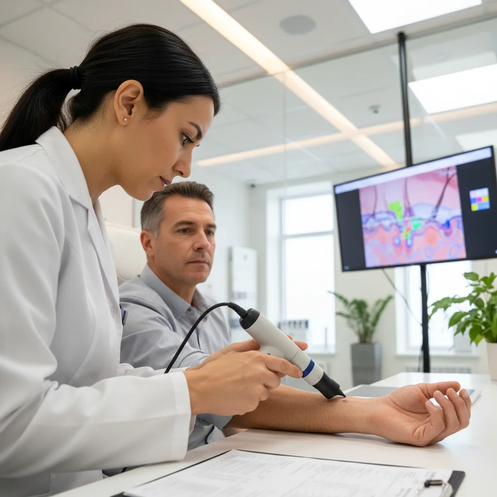 Dermatólogo examinando la piel de un paciente con equipo especializado en una clínica moderna.