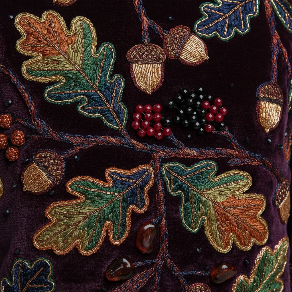 Detalle de bordado y textura de tejido de alta costura española para otoño/invierno 2026.