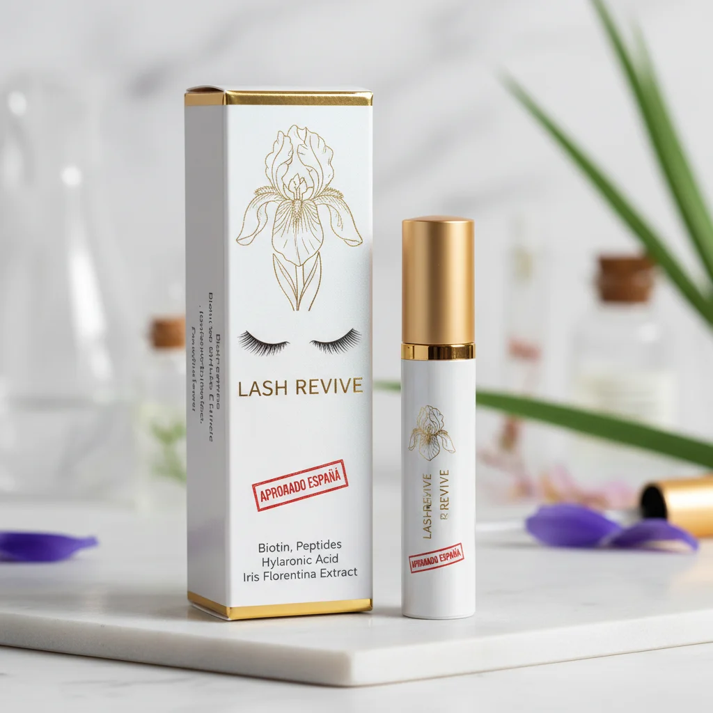 Envase de sérum de pestañas aprobado en España con ingredientes clave visibles.