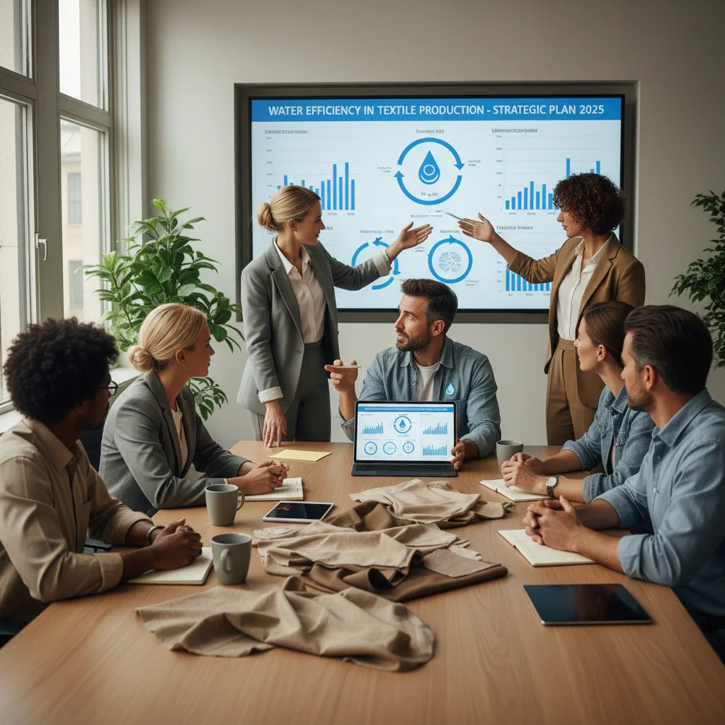Equipo de profesionales textiles debatiendo estrategias de sostenibilidad y ahorro de agua.