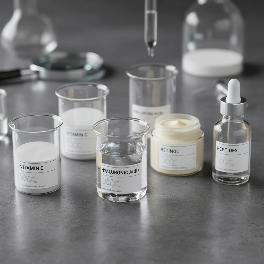Ingredientes clave como ácido hialurónico, retinol y vitamina C, en pequeños recipientes de laboratorio.