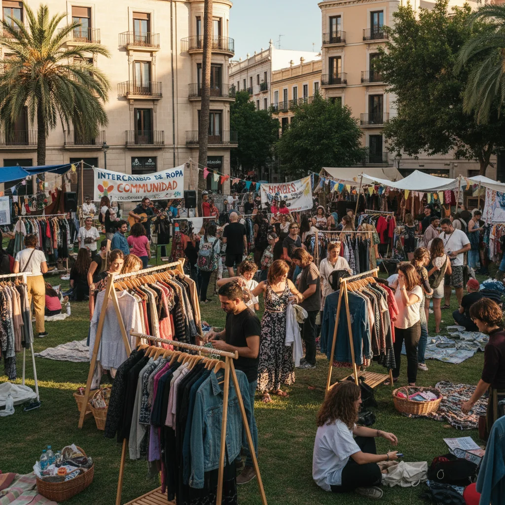 Evento de intercambio de ropa en un parque público español, fomentando la reutilización