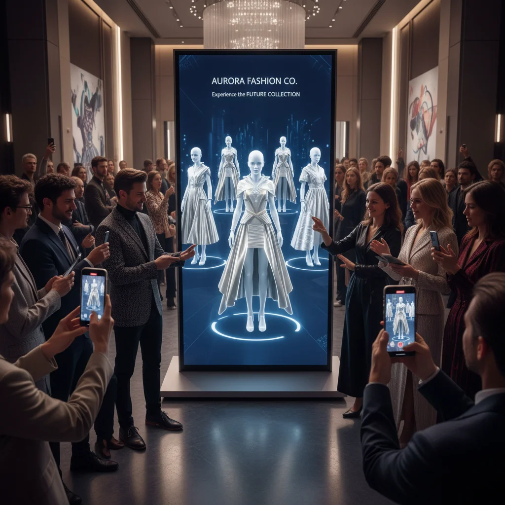 Pantalla digital interactiva con realidad aumentada mostrando una colección de moda, atrayendo a la gente en un evento.