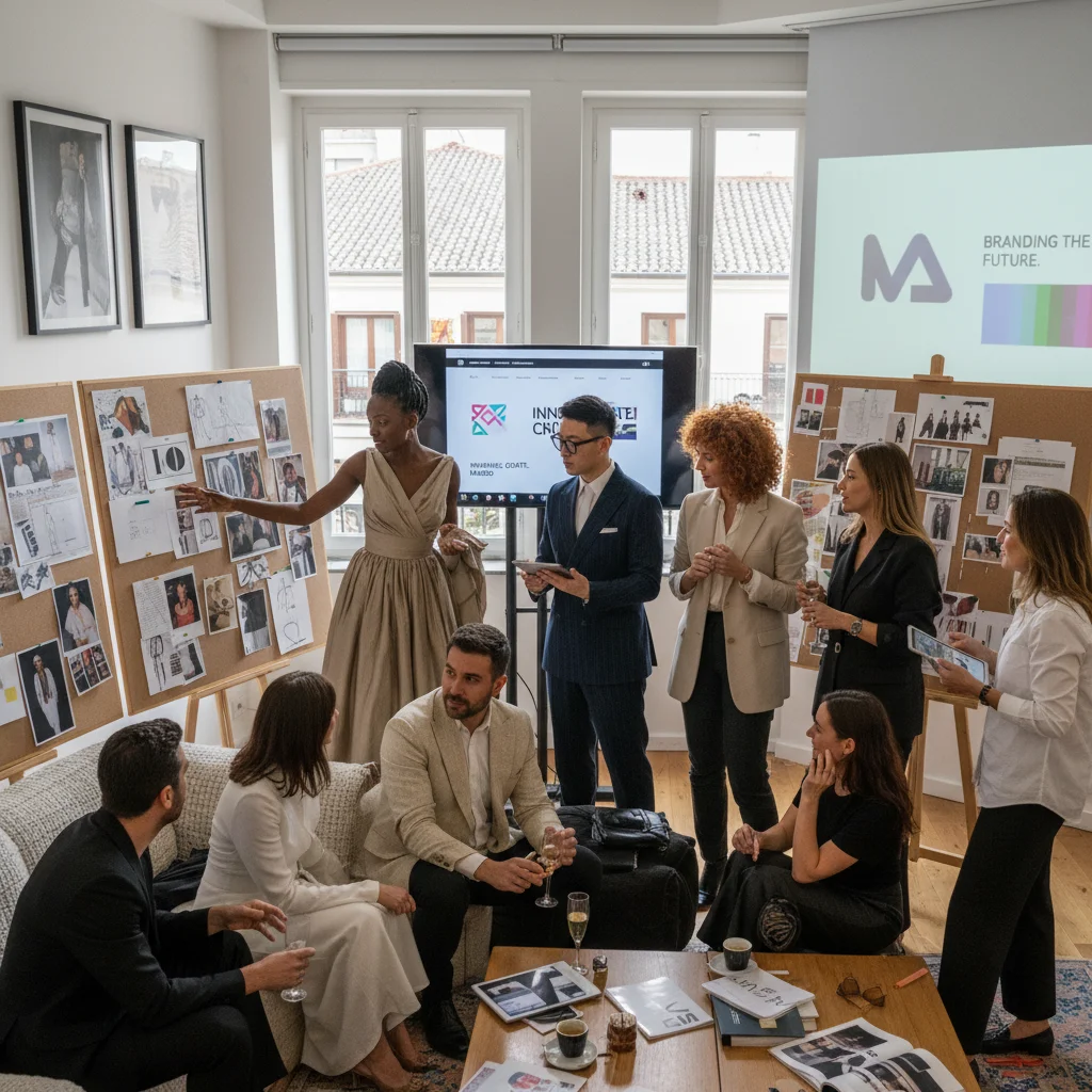 Profesionales de la moda colaborando y haciendo networking en un evento en Madrid, discutiendo estrategias de marca.