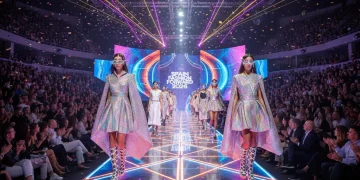Pasarela de moda vibrante en España con diseños vanguardistas y un público entusiasmado, representando eventos de moda 2026.