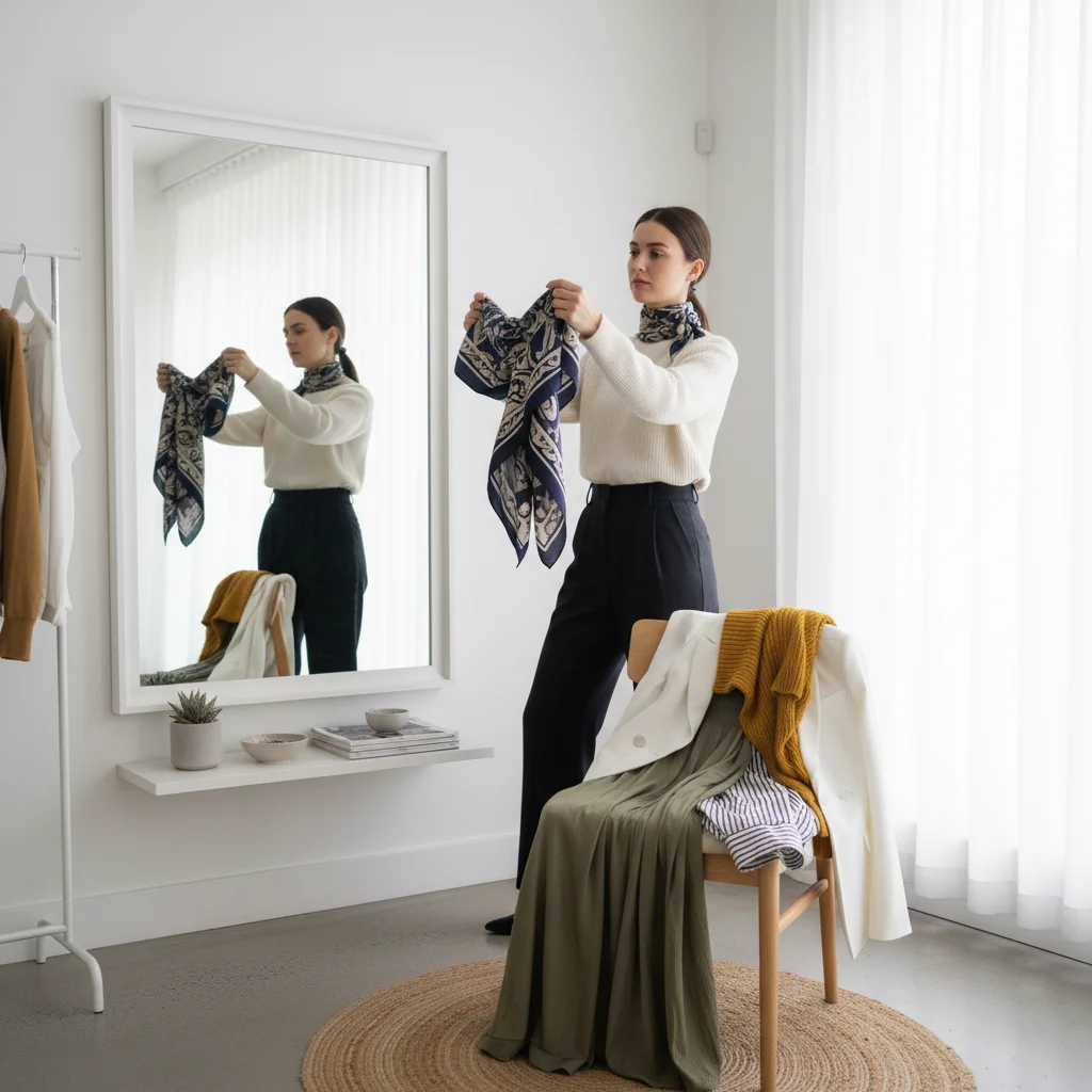Persona probándose ropa frente al espejo, evaluando combinaciones para su estilo.