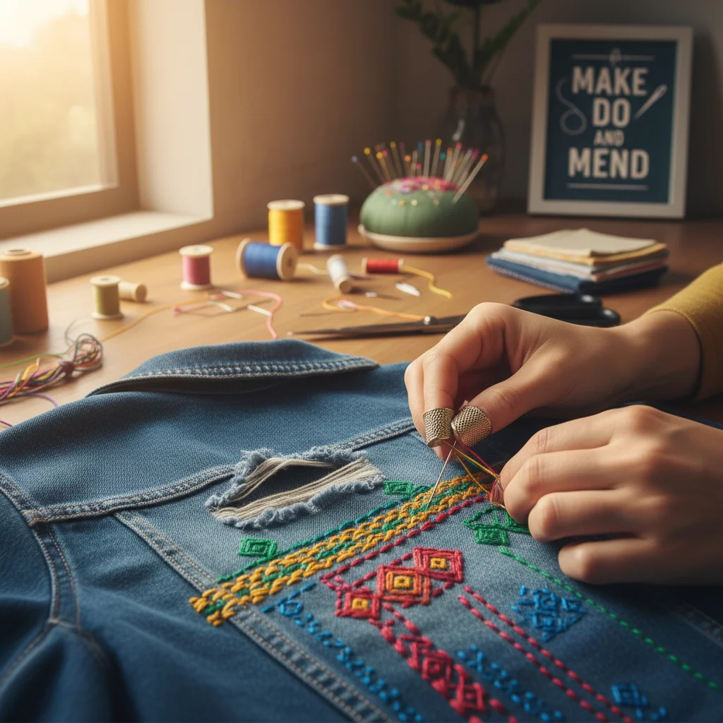 Manos reparando una chaqueta vaquera con técnicas de costura creativa