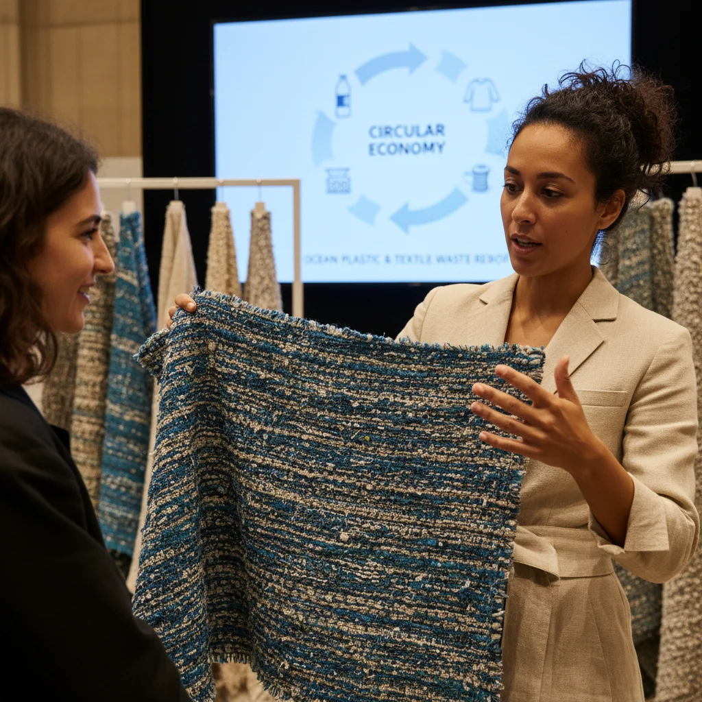 Diseñador explicando textiles innovadores y reciclados en un evento de moda sostenible.