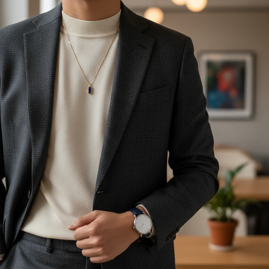 Detalle de un atuendo 'smart casual' para oficina, con un blazer elegante y accesorios discretos, reflejando comodidad y profesionalidad.