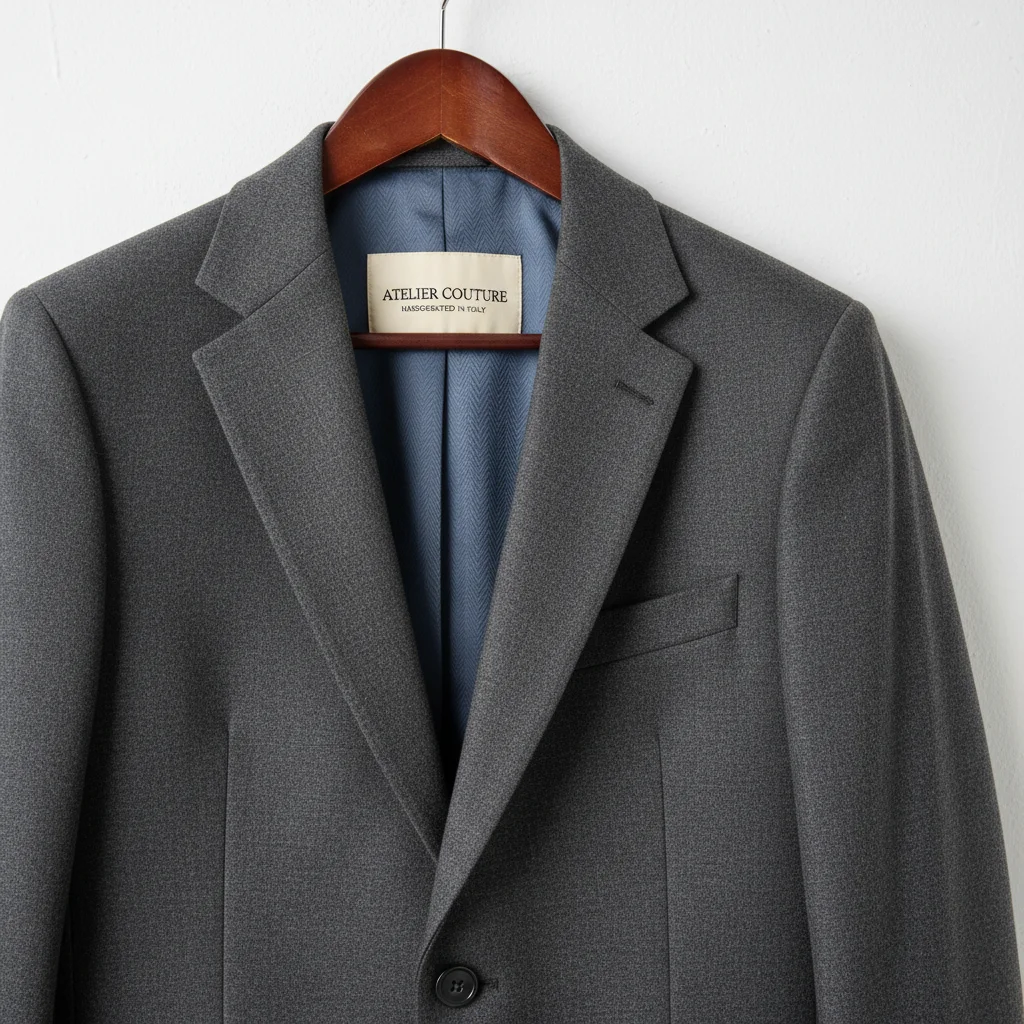 Primer plano de una blazer clásica y bien confeccionada en tono neutro.