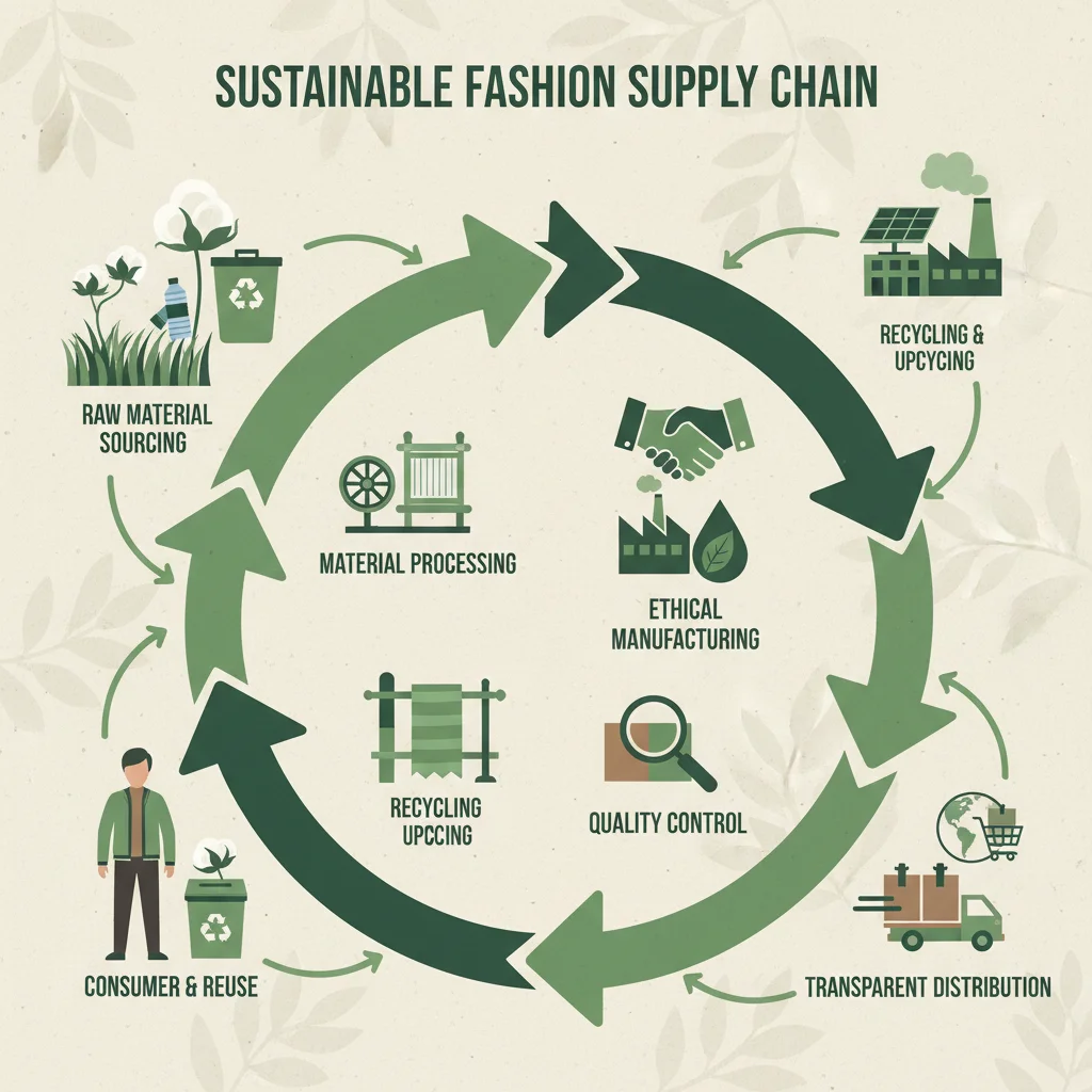 Infografía detallada de la cadena de suministro de una marca de moda sostenible, mostrando transparencia y ética.