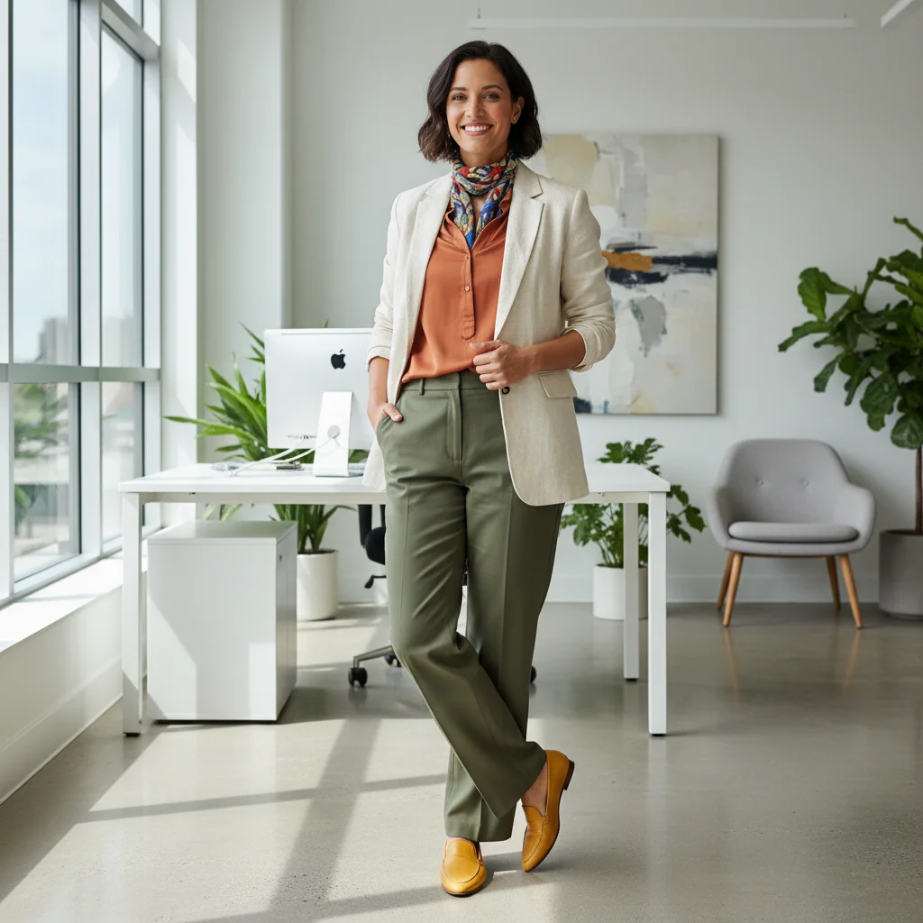 Persona mostrando un atuendo de oficina con capas adaptables, combinando un blazer con ropa cómoda y accesorios que reflejan personalidad.