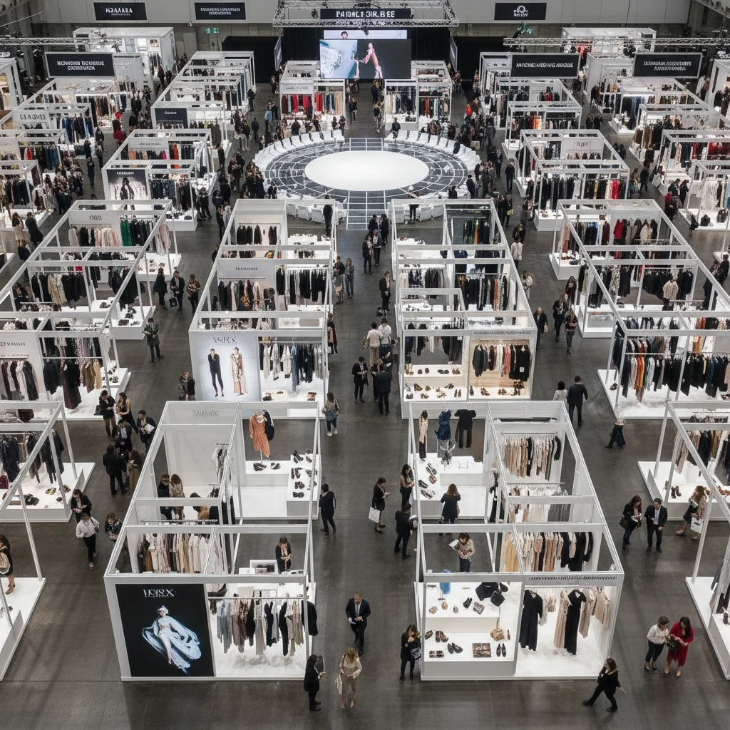 Vista aérea de una feria de moda con múltiples stands, profesionales interactuando y exhibición de colecciones.