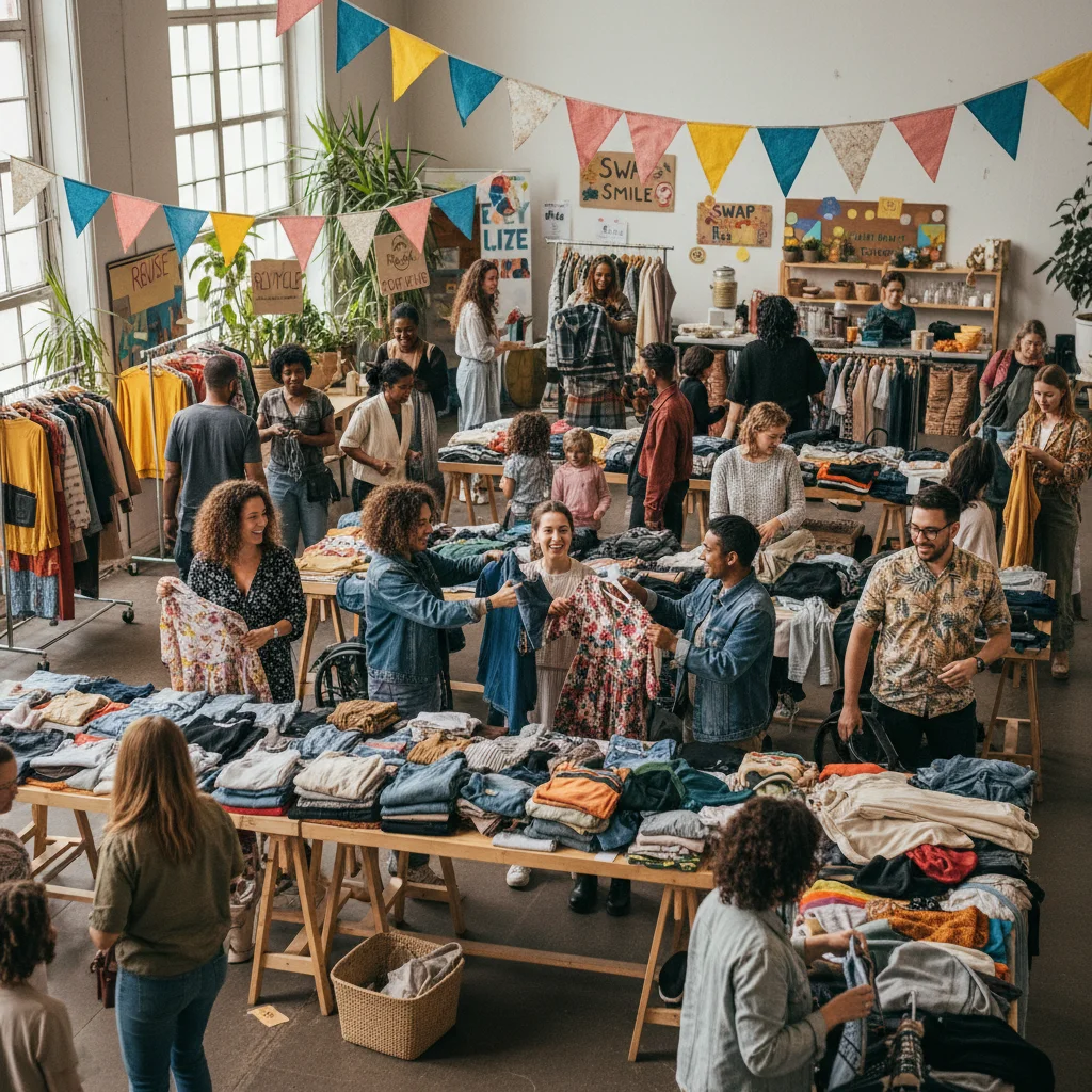 Grupo de personas intercambiando ropa en un evento de 'clothing swap', promoviendo la economía circular.