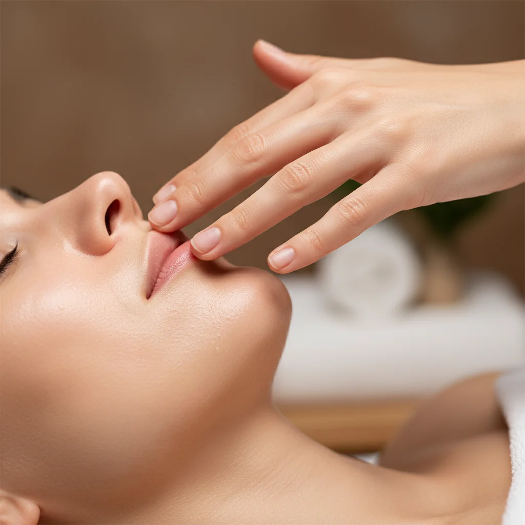 Mano realizando un suave masaje facial para mejorar la absorción de productos y reducir arrugas.