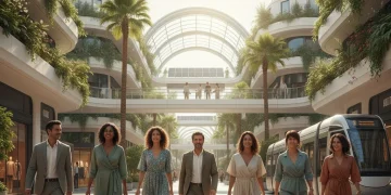 Personas diversas vistiendo ropa sostenible en un entorno urbano español futurista y ecológico.