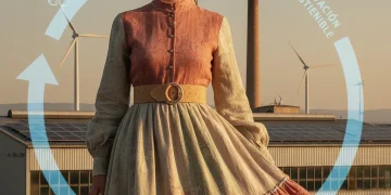 Mujer vistiendo ropa sostenible con fondo de fábrica textil eco-responsable