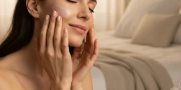 Mujer aplicando crema antiarrugas en su rostro antes de dormir, con piel radiante y serena.