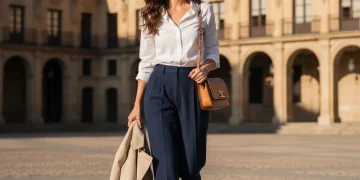 Mujer española elegante con prendas atemporales en un entorno urbano clásico.
