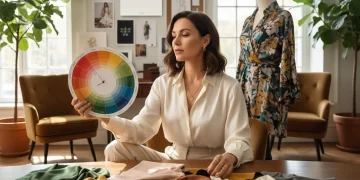 Mujer analizando muestras de tela y rueda de color para su paleta personal