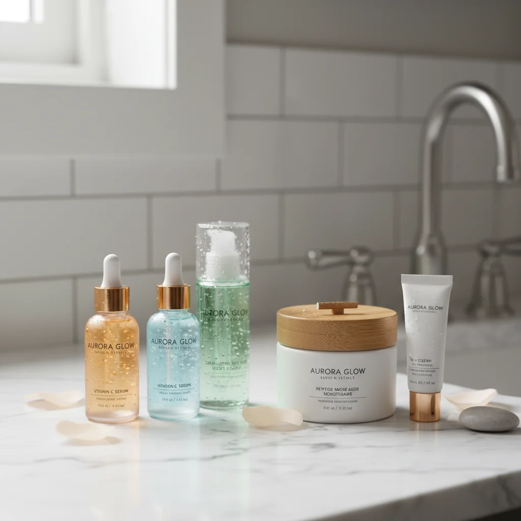 Primer plano de productos de cuidado facial nocturno: sérums, tónicos y cremas, listos para su uso.