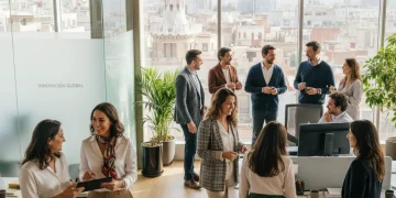 Profesionales en oficina moderna en España, mostrando estilos de vestimenta adaptados a nuevas normas, combinando lo formal y lo personal.