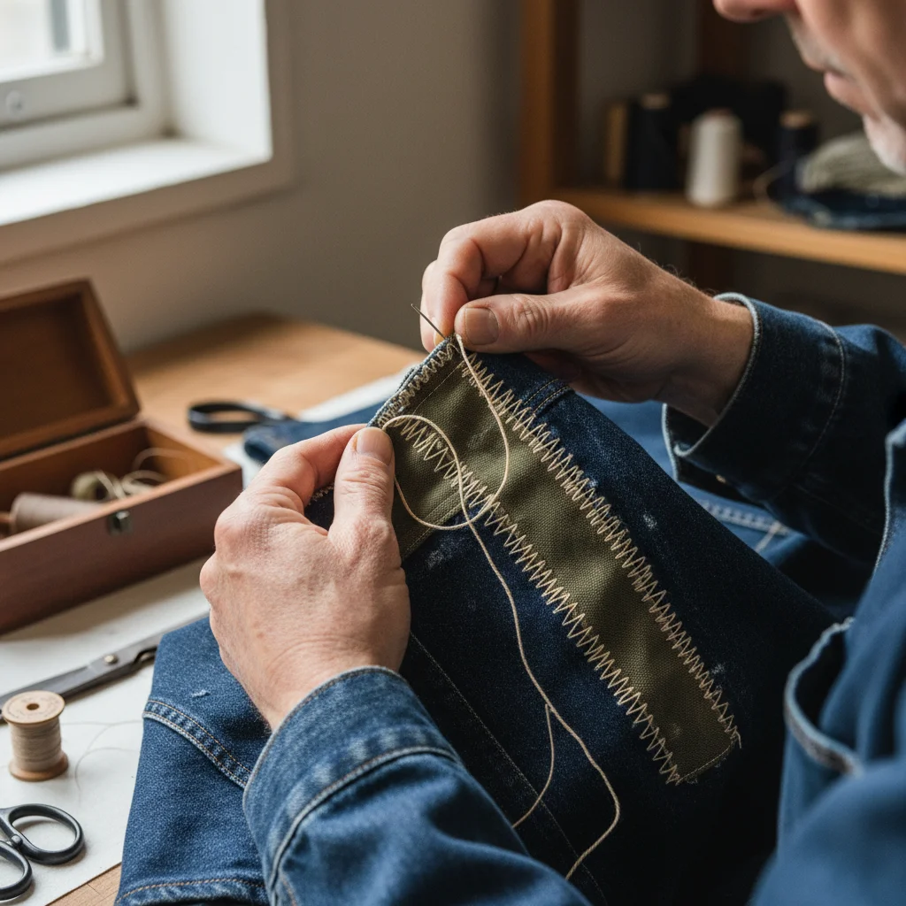 Manos cosiendo y reparando una prenda, representando la durabilidad y el mantenimiento de la ropa.