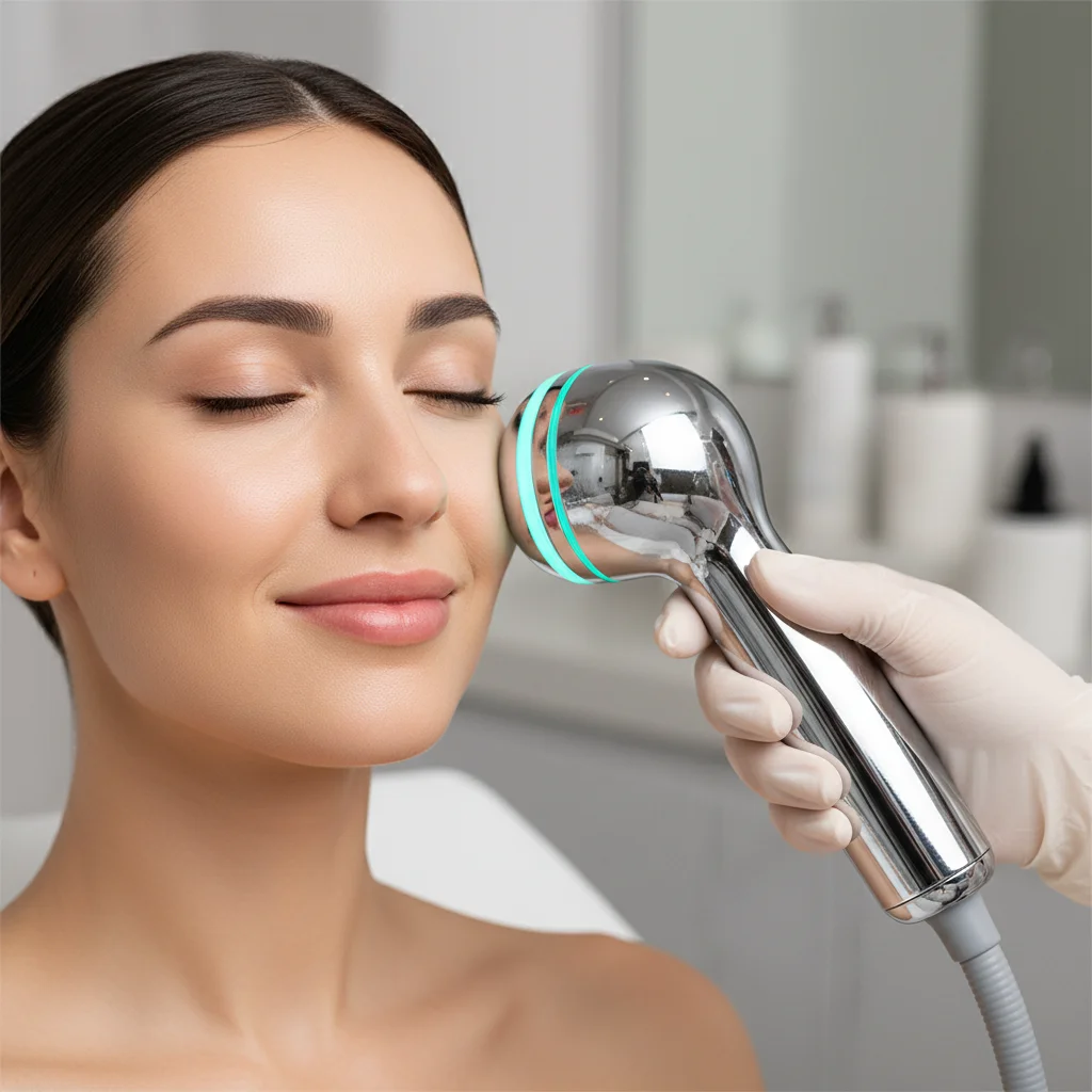 Tecnología avanzada aplicando tratamiento facial de radiofrecuencia a una clienta.