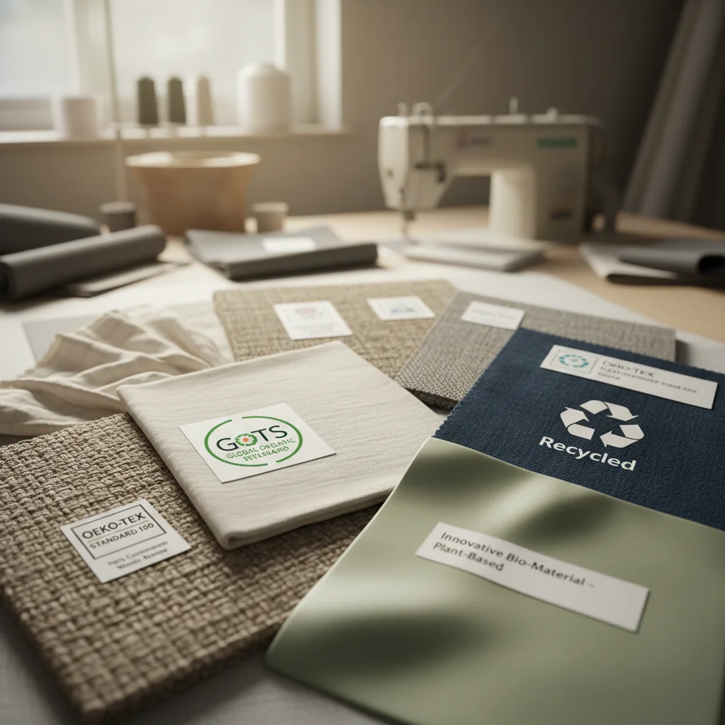 Muestras de telas sostenibles con certificaciones ecológicas y de materiales reciclados.