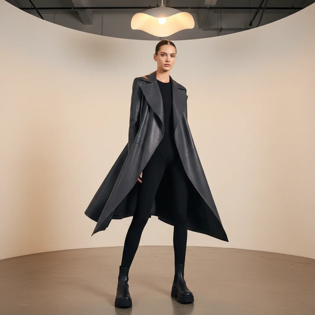 Modelo vistiendo una chaqueta de diseño confeccionada con Mylo, un innovador cuero de micelio.