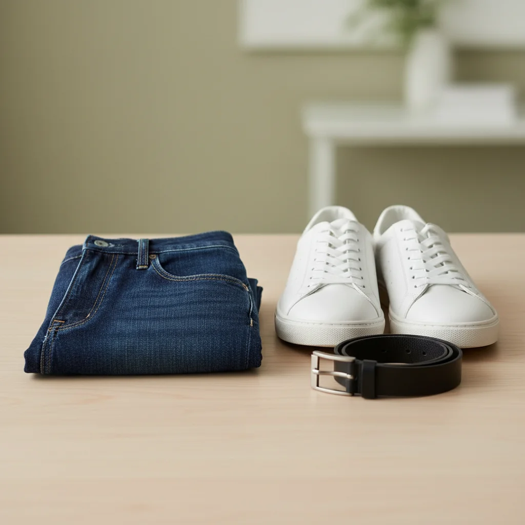 Pantalones vaqueros oscuros clásicos, zapatillas blancas y cinturón de cuero negro.