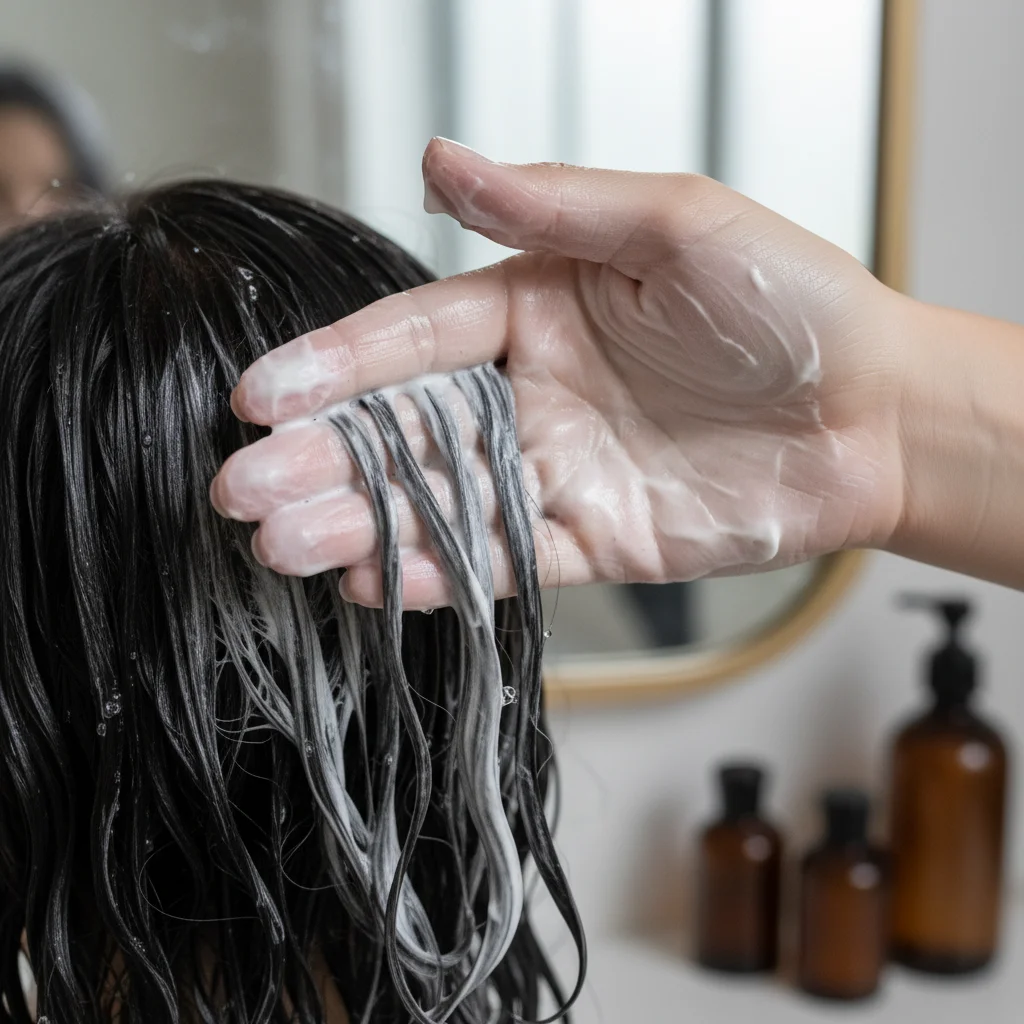 Aplicación de mascarilla capilar nutritiva en mechones de cabello húmedo.