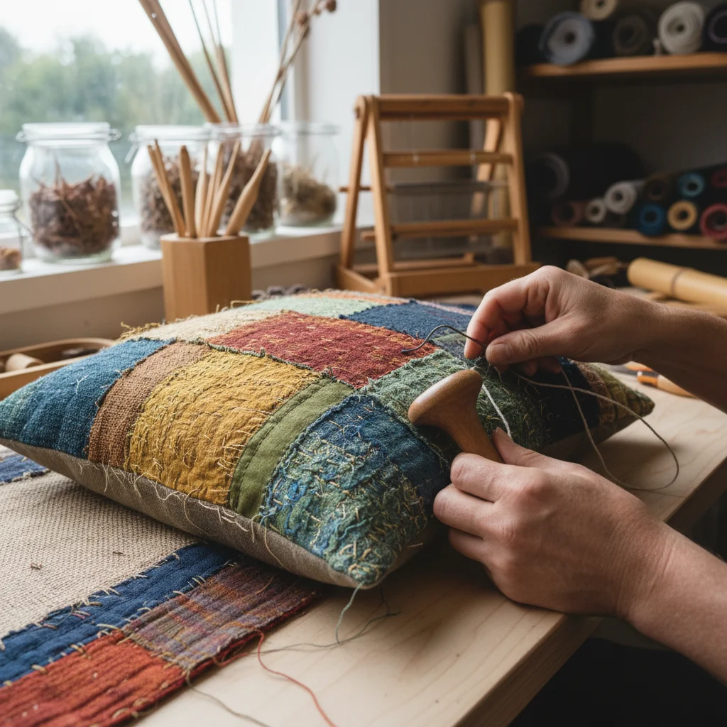 Manos trabajando en textiles reciclados, simbolizando la artesanía y sostenibilidad en la moda.