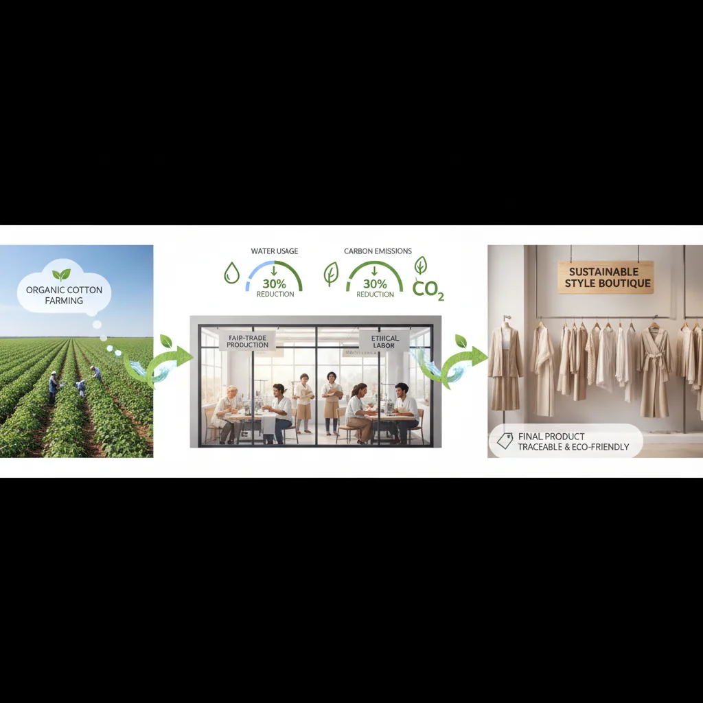 Infografía de cadena de suministro de moda sostenible, mostrando reducción del 30% en impacto ambiental y condiciones laborales justas.