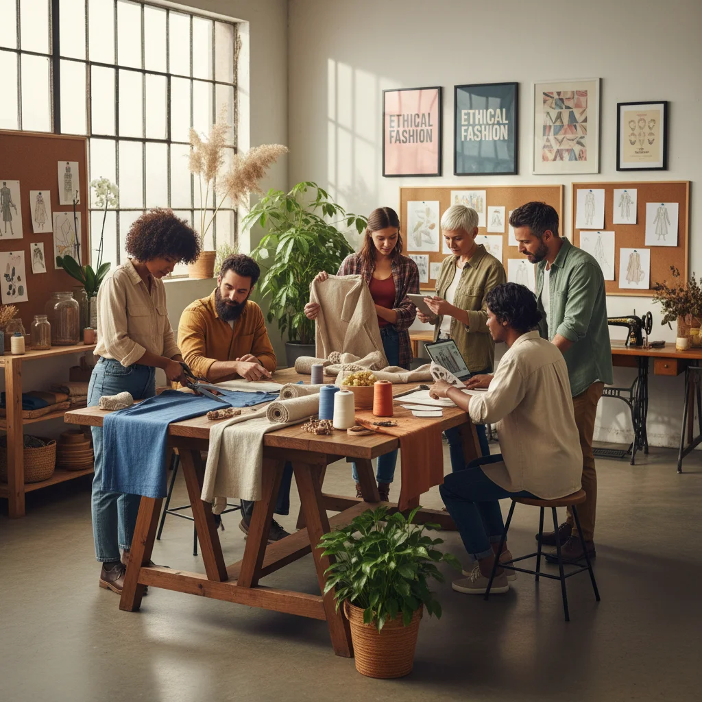 Diseñadores de moda sostenible colaborando en un taller con tejidos ecológicos
