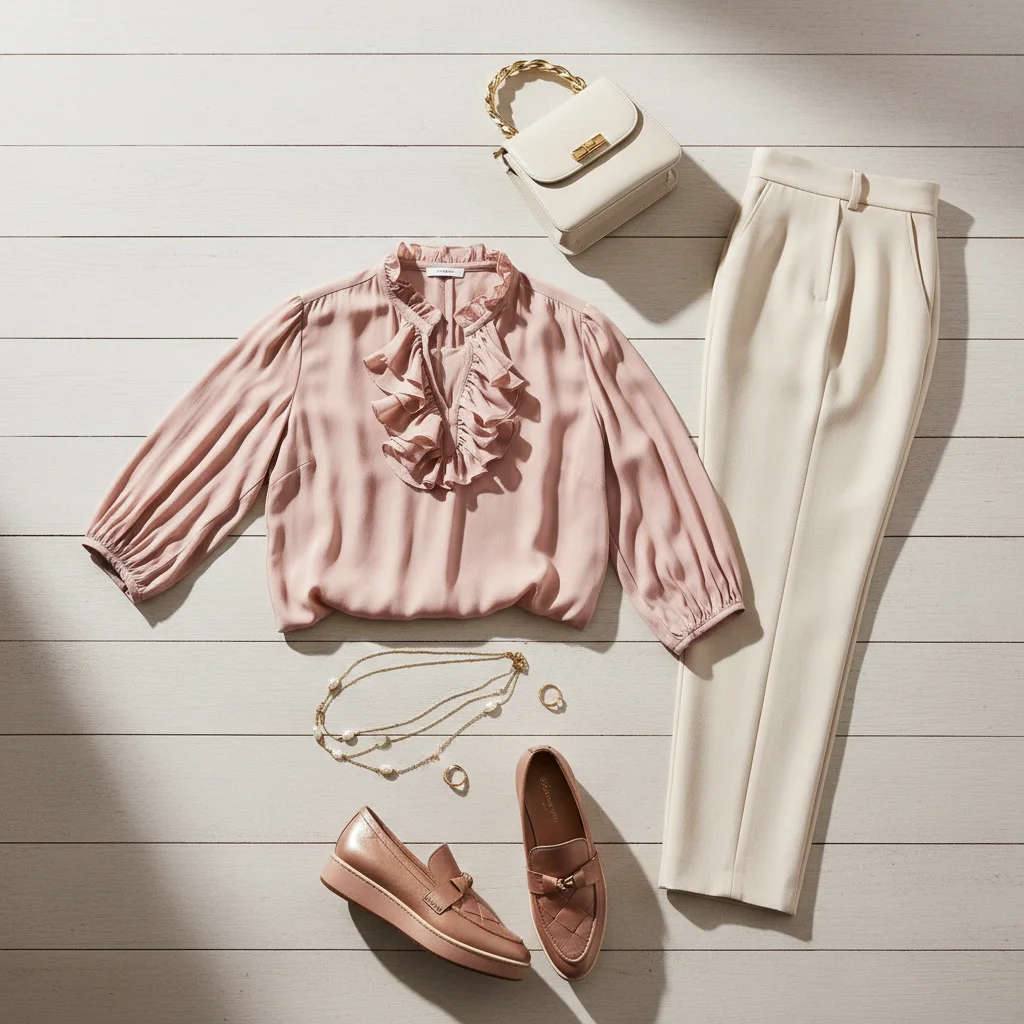 Conjunto de ropa y accesorios que representan una tendencia clave de pasarela 2026, estilo neo-romántico.