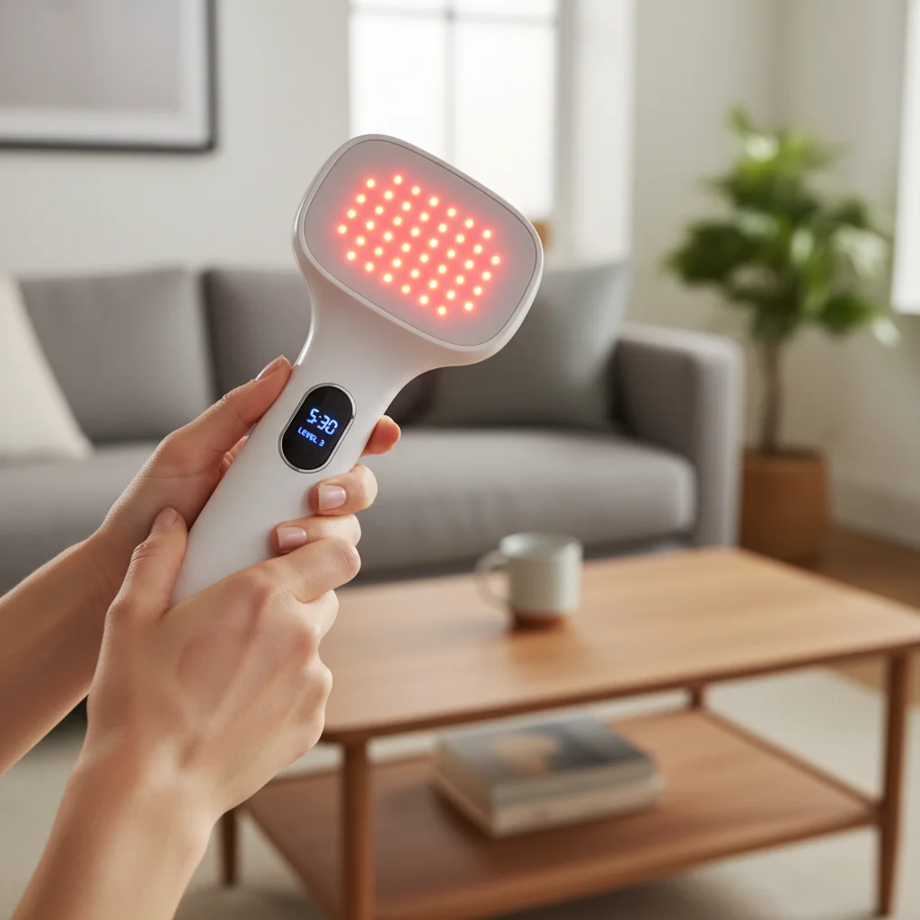 Dispositivo portátil de terapia LED siendo utilizado en casa para tratamiento facial específico.