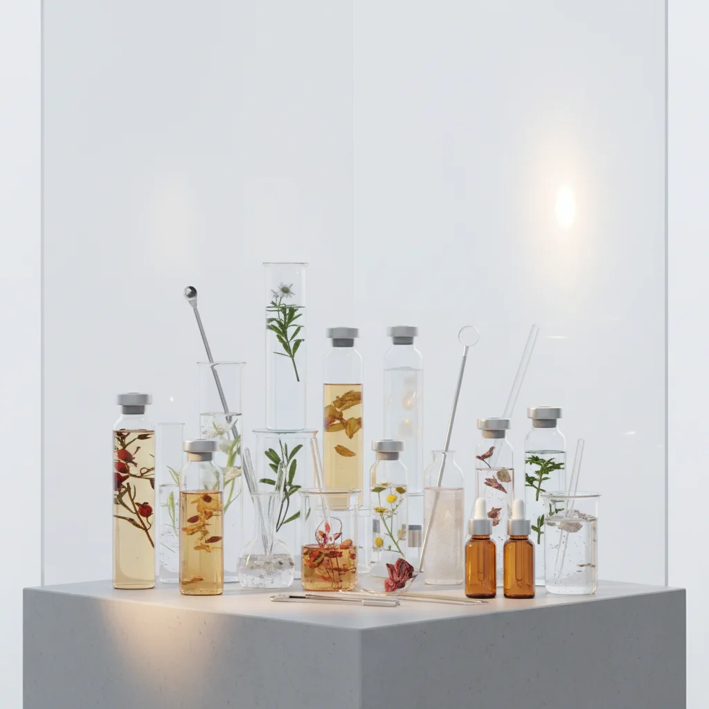 Extractos botánicos y elementos científicos combinados, representando la formulación de nuevos ingredientes de belleza.