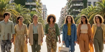 Jóvenes diversos luciendo moda sostenible en una ciudad española, simbolizando el futuro de la industria textil ética.