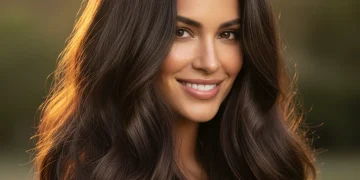 Mujer con cabello oscuro brillante y saludable, reflejando luz.