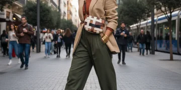 Mujer española elegante adaptando tendencias de pasarela 2026 en un look diario en Madrid.
