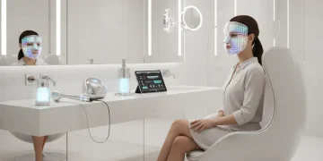 Mujer usando una mascarilla facial LED de alta tecnología en casa, simbolizando el futuro de la belleza doméstica.