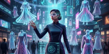 Mujer interactuando con moda digital y proyecciones holográficas en 2026, simbolizando la transformación del estilo personal.