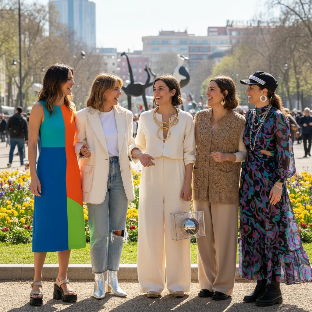 Grupo de mujeres españolas con looks variados, adaptando tendencias 2026 a su estilo personal en un parque urbano.
