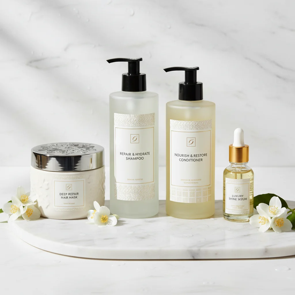 Gama de productos capilares para un cabello brillante: champú, acondicionador, mascarilla y sérum.