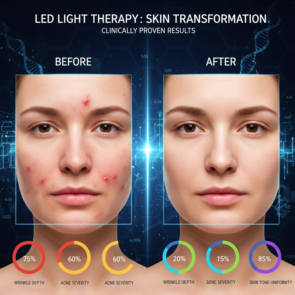 Gráfico comparativo de resultados antes y después de la terapia LED para la piel, mostrando mejoras estéticas.