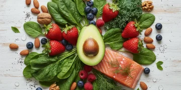 Variedad de alimentos frescos y saludables para una piel radiante y libre de acné en 2026.