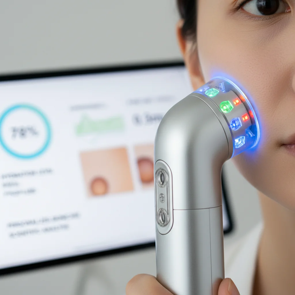Dispositivo de alta tecnología realizando un análisis detallado de la piel para personalización.